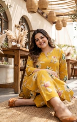 Image of CREATION & YOU Women Plus Size Cotton Printed Kurta with Pant Set | Work /Office Wear Kurta Set for Women