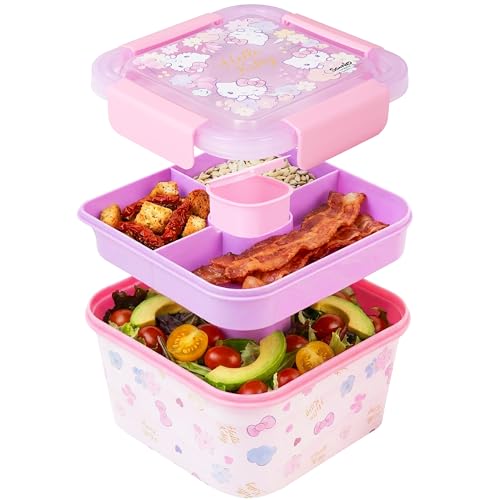 Hello Kitty Sanrio Salad Container Bento Box for Kids, 70 Oz Portable Kawaii Lunchbox, Leak Proof, BPA Free Multi Compartment Salad Bowl with Dressing...