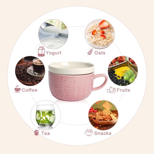 HOTUT Cute Kawaii Pink Cat Coffee Mugs with Lids, Cute Animal Coffee Tea Cup Saucer Set, Kawaii Ceramic Mugs with Biscuit Holder and Spoon, Funny Novelty Cat Breakfast Mugs for Girls Friend Kids Wife - Image 6