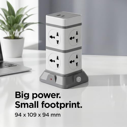 Image of Wipro North-West 8-Way Tower Extension Board with USB A & Type C | 8 Universal Socktes, 2500W Each | Surge Protector Spike Guard | 2m Durable Cord | Suitable with Mobiles, Appliances, etc | Pack of 1