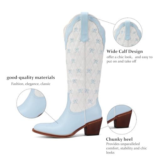 Image of Lace Up Cowboy Boots for Women Embroidered Wide Calf Cowgirl Boots Comfortable Chunky Heel Pointed Toe Trendy Western Shoes for Prom Music Festival