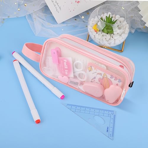 Image of Oyachic Clear Pencil Case,Grid Mesh Pencil Pouch,Pencil Bags with Double Zipper,Transparent Pencil Box for Aduts, Pink