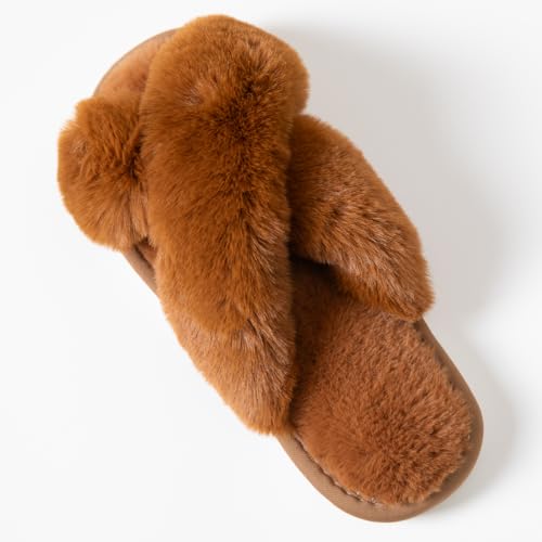 Image of Women's Cross Band Fuzzy Slippers Fluffy Open Toe House Slippers