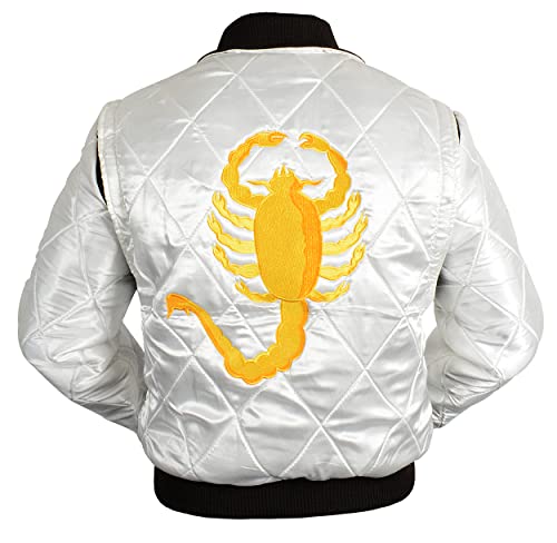 Veste de moto blanche homme Ryan Gosling satin matelassé scorpion brodé style camionneur blouson