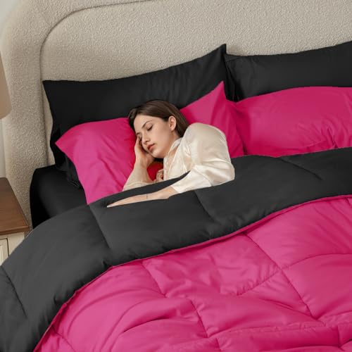 Anluoer Queen Comforter Set,Hot Pink&Black Bed in a Bag 7 Piece,Lightweight Bedding Set with Soft Down Alternative Fill,Bed Set Includes Comforter, Fitted Sheet, Flat Sheet,Pillowcases and Shams by Anluoer - Image 5