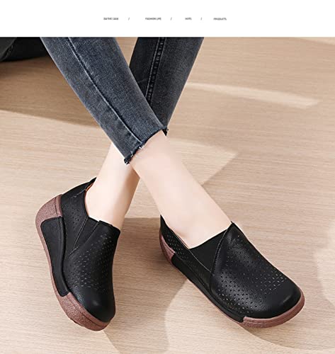 Image of Women's Round Toe Platform Wedge Slip On Loafers, Comfortable Genuine Leather Moccasin Low Top Casual Cutout Loafers.