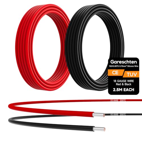 18 AWG Electrical Wire 2x2.5m Soft Silicone Tinned Copper Wire (Red & Black) - Low Impedance, High Temp Resistant Stranded Copper Cable for DIY, Toys, RC Models, Drones & Industrial Applications