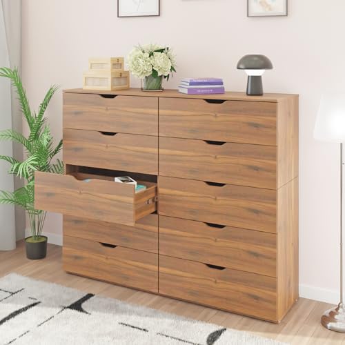 Image of VIKI Dresser | Chest of Drawer Unit,Sovana Chest of 10 Drawers,Clothes Storage, Organizer Unit for Bedroom, Hallway, Easy Pull Drawers, (Brussel Walnut -44D x 160W x 132H) | 1 Year Warranty