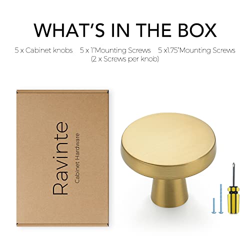 Image of Ravinte 5 Pack Solid Knobs Kitchen Cabinet Round Pulls Dresser Handles Gold Cupboard Hardware Brushed Brass Door Drawer Knobs