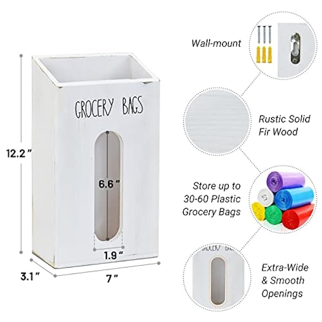 Farmhouse Grocery Bag Holder for Kitchen, Wooden Plastic Bags Holder for Supermarket shopping carrier Recycle, Wall Mounted Garbage Bag Dispenser with Extra-Wide & Easy-Access Openings, White