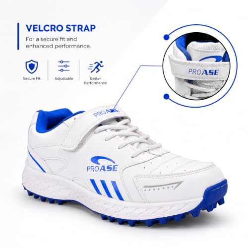 Image of Pro ASE Lightweight Cricket Shoes - Durable & Comfortable | Ideal for Turf, Ground & Hard Surfaces | Allrounder Design with Studs, Velcro & Superior Grip | White, Blue, Grey