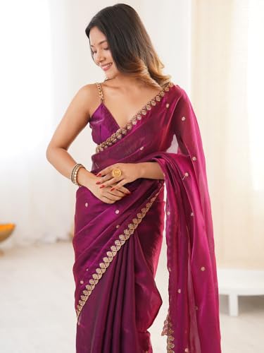Image of AKHILAM Women's Shimmer Tissue Embroidered Saree With Unstitched Blouse Piece