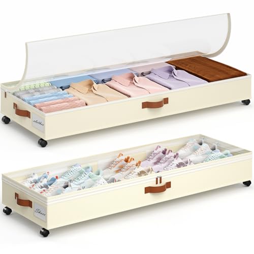 Yecaye 85 L Under Bed Storage with Wheels, 2 Pack Under Bed Storage Containers with Adjustable Dividers & Lids, Large Rolling Underbed Organizer Bins Drawers for Clothes, Shoes, Blankets Toys, Beige