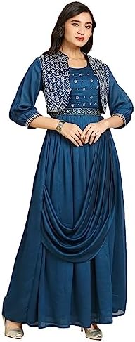 madhuram Women's Long Gown for Solid Silk with Heavy Embroidery and Hand Work Belt and Jacket with Round Neck Gown(M-2424)