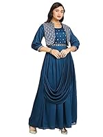 madhuram Women's Long Gown for Solid Silk with Heavy Embroidery and Hand Work Belt and Jacket with Round Neck Gown(M-2424 Peacock Blue_3X-Large)