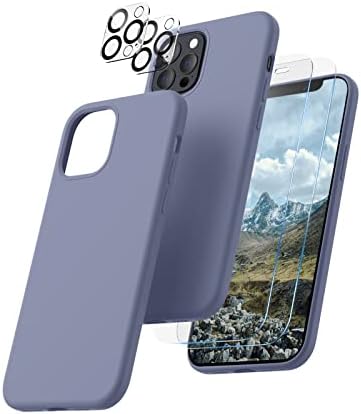 CALOOP 5 in 1 for iPhone 12 Pro Max Case 6.7",Liquid Silicone Case with 2 Pack Tempered Screen Protector + 2 Pack Camera Lens Protector,Slim Shockproof Phone Case Microfiber Lining,Kumquat Orange