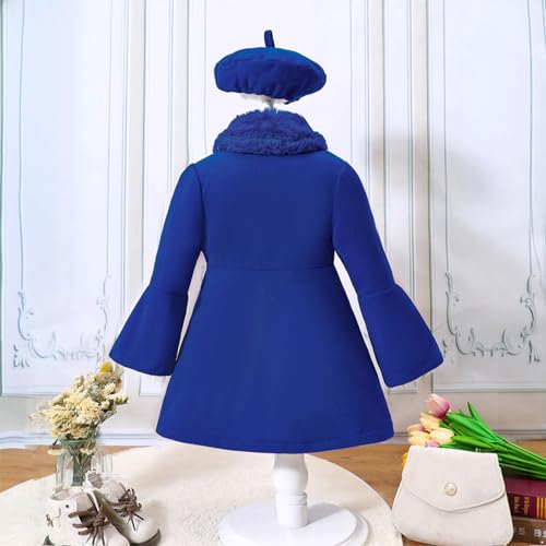 Kids Girls Trench Coat Long Sleeve Furry Collar Warm Peacoat with Beret Hat Set for Casual Wear3