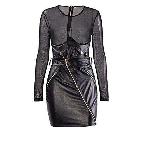 sedmoda Women Sexy Faux Leather Mini Dress Sheer Mesh Patchwork Long Sleeve Bodycon Dresses Party Club Outfits3
