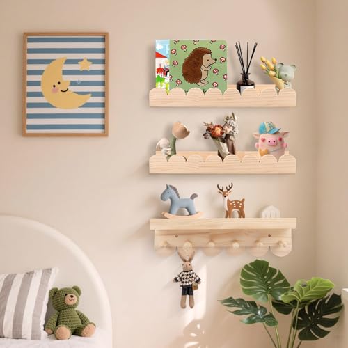 Juego de 3 estantes de pared de madera maciza para niños - Estantería con 6 ganchos para libros y juguetes - Estantería Montessori de 40 cm - Estantería flotante con curvas para niños y niñas - imagen 2