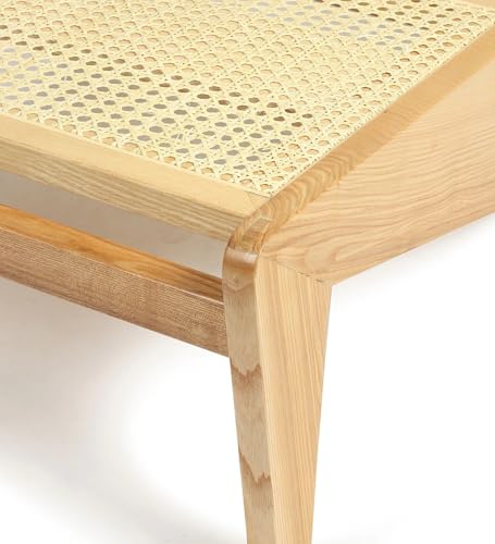 Image of Handcrafted Natural Wood Lounge Chair with Cane Rattan Weave, Modern Minimalist Design, Indoor Living Room Accent