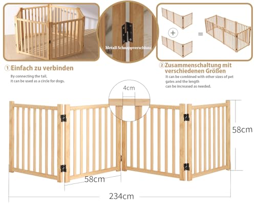 Pshelfy Hundeabsperrgitter aus Holz 4 Paneelen 58cm Höhe - Freistehend & Faltbar, 360° Drehbar für Tür, Treppe, Flur als Welpen-Gitter & Kinderschutzgitter (BxH: 234 cm x 58 cm, Naturholz)