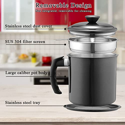 Image of Kyraton Black Bacon Grease Container With Strainer, 48 oz Black Coating Stainless Steel Oil Container, Pot Fat Storage With Lid, Easy Grip Handle, Cooking Grease, 14.5l x 14w x 16.5h centimeters