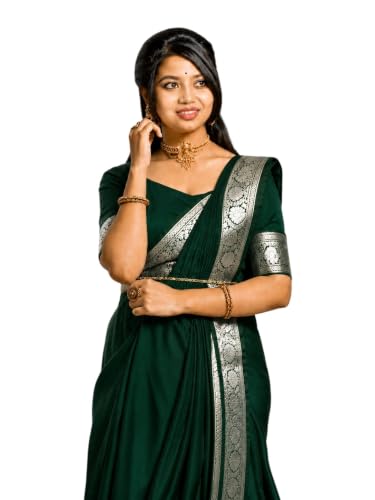 Image of Women's Glory Banarasi Satin Silk Saree Plain Silver Zari | Unstiched Blouse Piece Included.