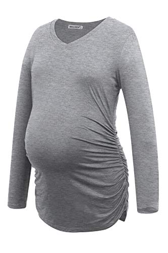 Smallshow Women's V-Neck Maternity Shirt Clothes Long Sleeve Ruched Pregnancy Top Medium Black-Deep Grey-Light Grey #TOP4