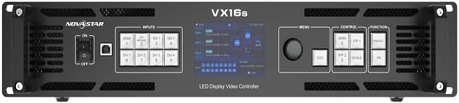 Front panel of the NovaStar VX16s LED Video Processor showing input buttons, control knob, and function buttons.