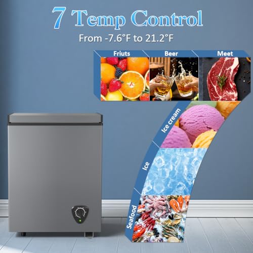 Small Chest Freezer - Compact Deep Freezer 7 Adjustable Temperature with Removable Basket, 3.5 Cubic Feet Energy Saving Super Quiet for Garage, Office, Kitchen, or Apartment, Gray
