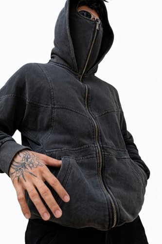 Image of Urban Fits Ashen Hoodie for Men | 420 GSM Heavyweight Cotton Terry | Oversized Structured Fit | Washed Grey Streetwear Zip Hoodie with Panel Design