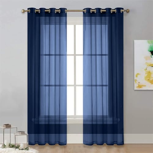 Surwin Color Sólido Translucidas Cortinas Salon, 2 Piezas Cortina con Ojales 132x240 cm Azul Marino, Cocina Dormitorio Cortinas y Moderno Visillos Cortos para Ventanas