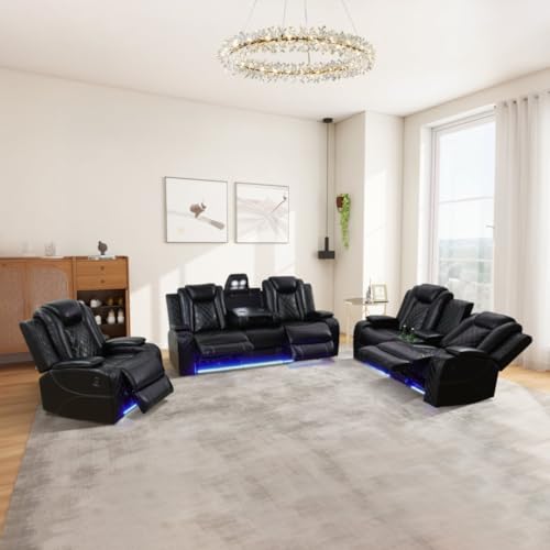 Power Recliner Sofa Set with LED, Leather Reclining Sofa Set, Living Room Furniture Set with USB Charging (Black Standard Version Total of 2 Cup Holders)