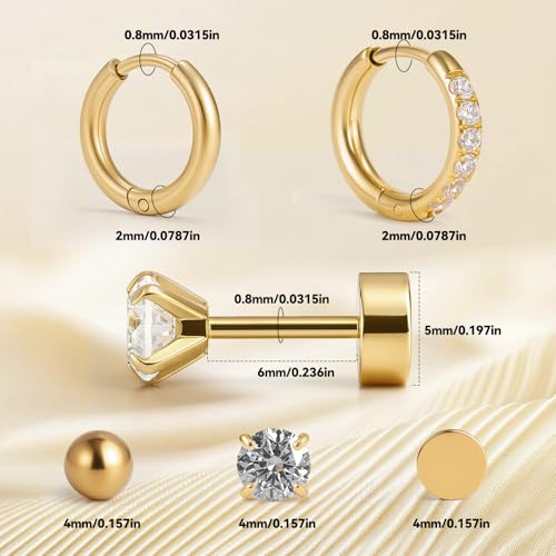 Hypoallergenic Flat Back Earrings Set for Women Men Multiple Piercing Ears Small 14K Gold Cartilage Hoop Earrings 316L Surgical Stainless Steel Tiny Cubic Zirconia Stud Earrings Round Ball Stud Earring UNISEX3