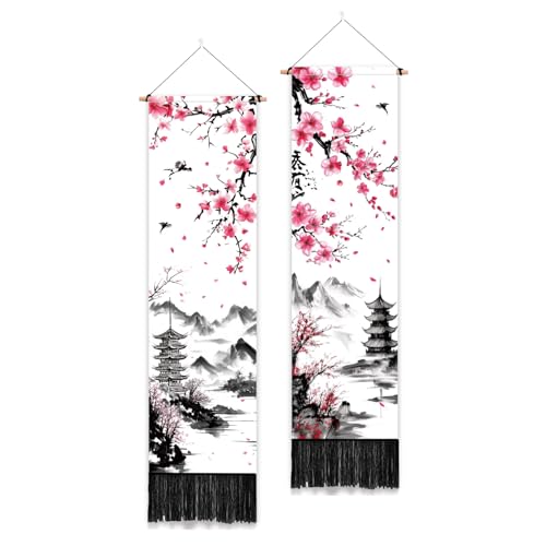 PLIGREAT 2 Pack de fleurs de cerisier Tenture murale, tapisserie de peinture à l’encre traditionnelle Tapisserie murale esthétique verticale pour chambre...
