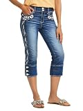 Flamingals Skinny Capri Jeans for Women High Waist Plant Embroidery Button Decor Trendy Denim Pants Navy Blue L