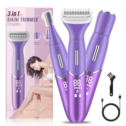 Bikini Trimmer for Women, 3 in 1 Painless Electric Razors for Women, Replaceable Lady Facial Razor &...