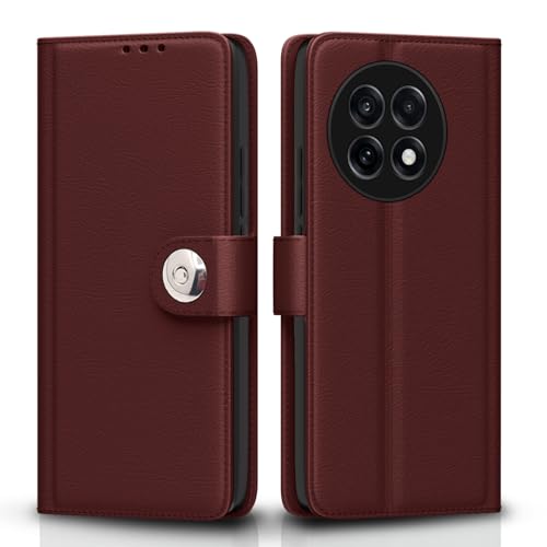 Image of Pikkme Flip Cover Leather Finish | Inside TPU with Card Pockets | Wallet Stand and Shock Proof | Complete Protection Button Flip Case for OnePlus 13R 5G(Brown)
