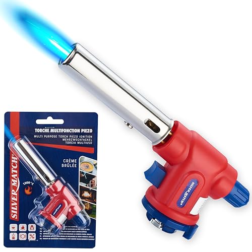 SILVER MATCH Chalumeau de Cuisine à Gaz, 1300°, Lampe à Souder, Torche Piezo Multifonction, Allumage Rapide et Sécurisé Pour Cartouche de Gaz Butane,...