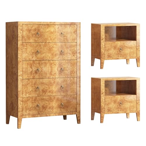 Image of AMERLIFE 3-Piece Mid-Century Bedroom Set, 2 Nightstands & 5-Drawer Dressers