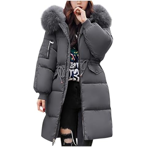 DOLKFU Womens Mid-Length Winter Coats Zipper Trendy Parkas with Faux Fur Hood Warm Jacket Coats with Pockets Cover