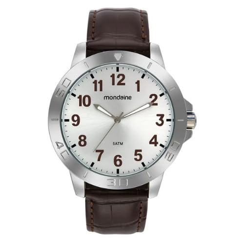 RELOGIO MONDAINE MASCULINO PRATEADO PULSEIRA DE COURO MARROM