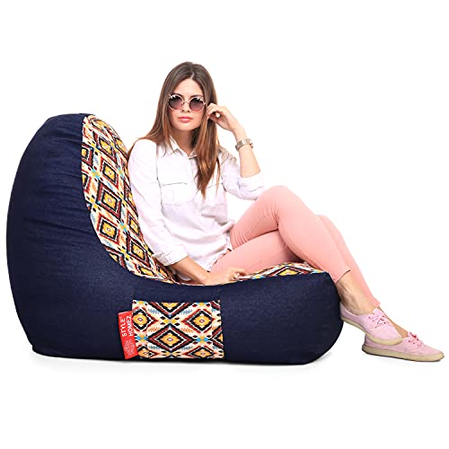 Image of Style Homez Urban Design Denim Canvas Geometric Printed Chair Bean Bag XXL Size Filled with Beans Fillers