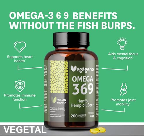Vegageno OMEGA 3 6 9 Capsules Haute Concentration OMEGA 3 Vegan 200 Capsules Avec Vitamine E Naturelle Sans OGM Sans Gluten Sans Poisson. Seulement Végétal. Convient aux Végétaliens et Végétariens. – vue 2