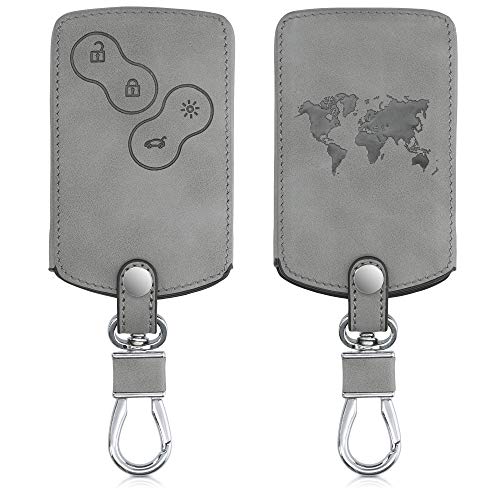 kwmobile Funda Compatible con Renault Llave de Coche de 4 Botones (Solo Keyless Go) - Case de Piel de Nobuck sinttica para Mando de Coche - Mapa del Mundo Gris