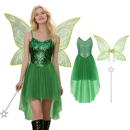 CEWIFO Disfraz de hada para mujer, disfraz de Campanilla con lentejuelas, vestido de elfo con alas de hada de mariposa, disfraz de hada del bosque, disfraz de hada de las flores, disfraz de hada de