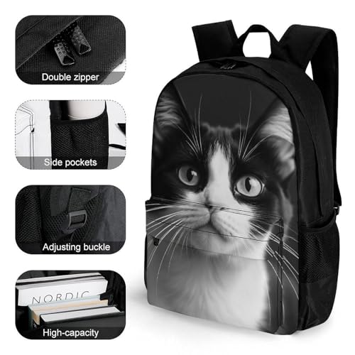 Fashion Backpack for Unisex Adult Laptop Backpacks with Adjustable Padded Straps Large Bookbag White And Black Cat Daypack3