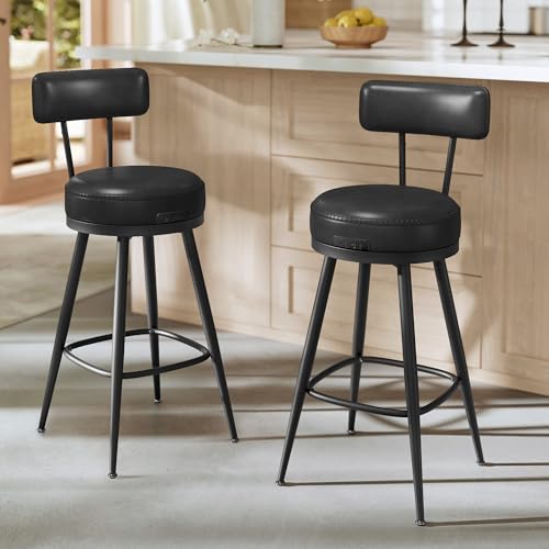 VASAGLE EKHO Collection - Bar Stools Set of 2, Swivel Counter Height Bar Stools with Back, Synthetic Leather with Stitching, Mid-Century Modern, 25.6-Inch Tall Barstools for Kitchen Bar, Ink