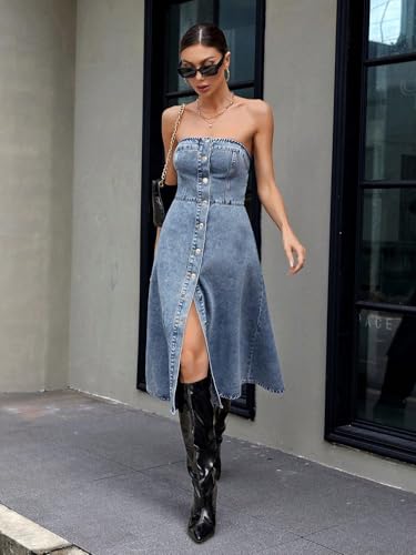 utcoco Women's Stretch Strapless Denim Tube Dress Button Down Sleeveless A Line Swing Jean Dress 20253