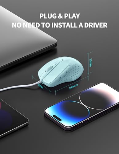 Image of TECKNET Wired Mouse, 6-Button Corded with 4 Adjustable DPI, Ergonomic Optical Mouse, 5FT Cord for Laptop, Chromebook, PC, Desktop, Mac, Notebook - LT.Green